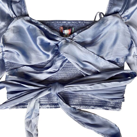 NEW Urban Outfitters Top Satin Puff Sleeve Smocked Shirt Square Neck Size Medium - Picture 4 of 10